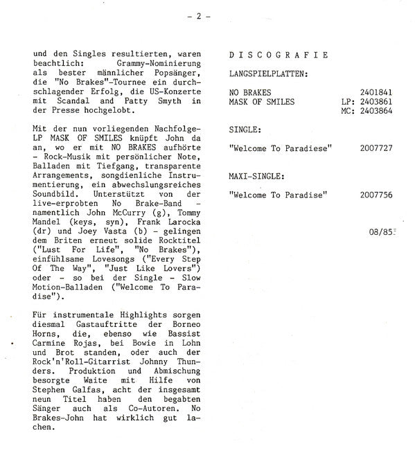 John Waite - Mask Of Smiles