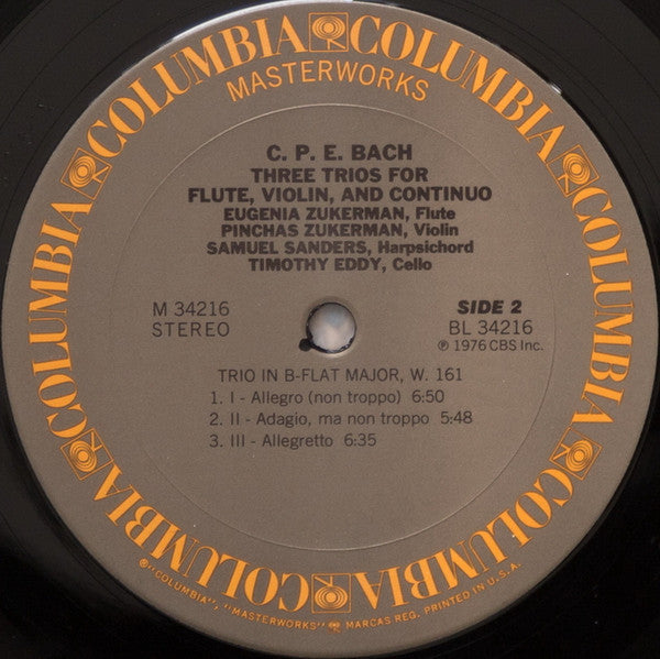 Carl Philipp Emanuel Bach, Eugenia Zukerman, Pinchas Zukerman, Samuel Sanders, Timothy Eddy - Three Trios For Flute, Violin, And Continuo