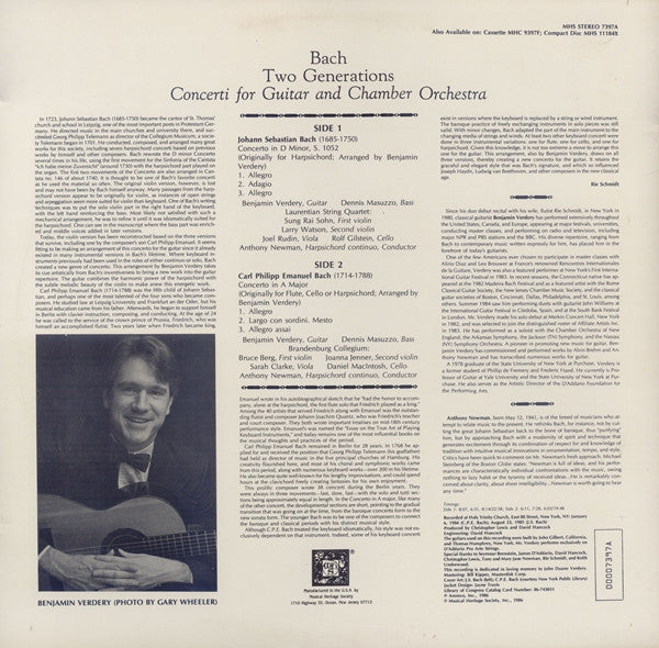 Johann Sebastian Bach, Carl Philipp Emanuel Bach, Ben Verdery, Dennis Masuzzo, Laurentian String Quartet, Brandenburg Collegium, Anthony Newman - Two Generations: Concerti For Guitar And Chamber Orchestra