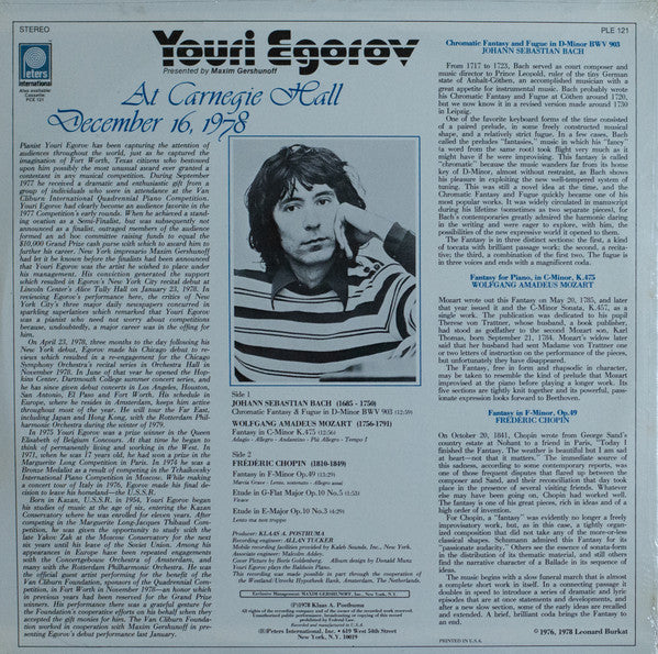 Youri Egorov, Johann Sebastian Bach, Wolfgang Amadeus Mozart, Frédéric Chopin - Youri Egorov At Carnegie Hall - December 16,1978 - Fantasies, Bach, Mozart, Chopin