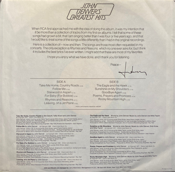 John Denver's Greatest Hits - secondary