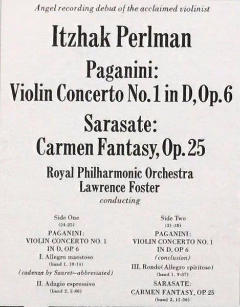 Itzhak Perlman, Niccolò Paganini, Pablo de Sarasate, Royal Philharmonic Orchestra, Lawrence Foster - Concerto No. 1 In D / Carmen Fantasy