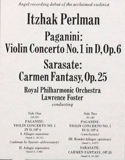 Itzhak Perlman, Niccolò Paganini, Pablo de Sarasate, Royal Philharmonic Orchestra, Lawrence Foster - Concerto No. 1 In D / Carmen Fantasy