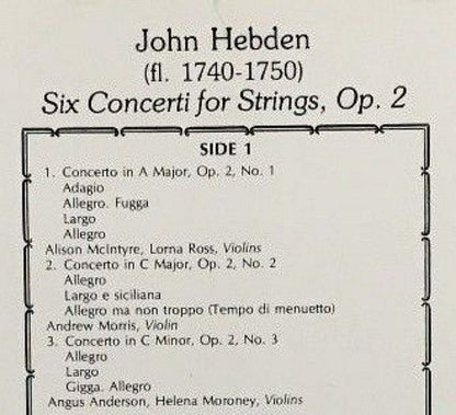 John Hebden, Cantilena - Six Concerti For Strings, Op. 2