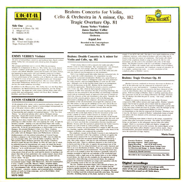 Johannes Brahms, Janos Starker, Emmy Verhey, Arpad Joo, Amsterdams Philharmonisch Orkest - Brahms Concerto For Violin, Cello & Orchestra In A Minor, Op.102 / Tragic Overture Op.81