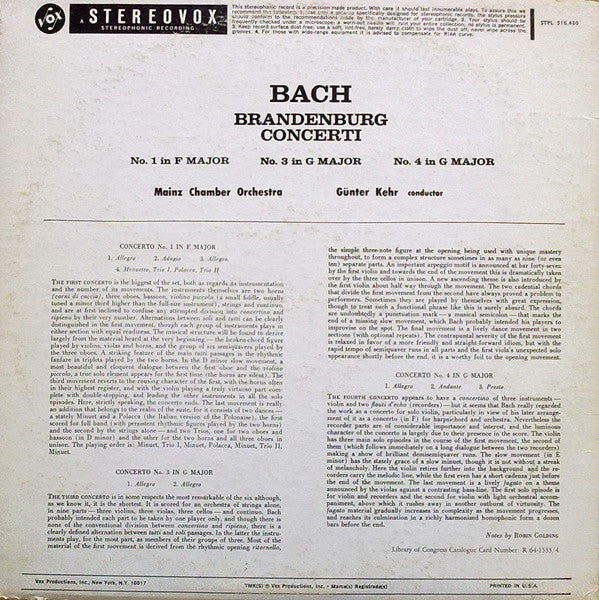 Johann Sebastian Bach, Mainzer Kammerorchester, Günter Kehr - Brandenburg Concerti (No. 1 In F Major - No. 3 In G Major - No. 4 In G Major)