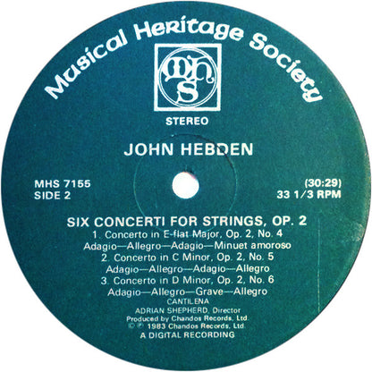 John Hebden, Cantilena - Six Concerti For Strings, Op. 2