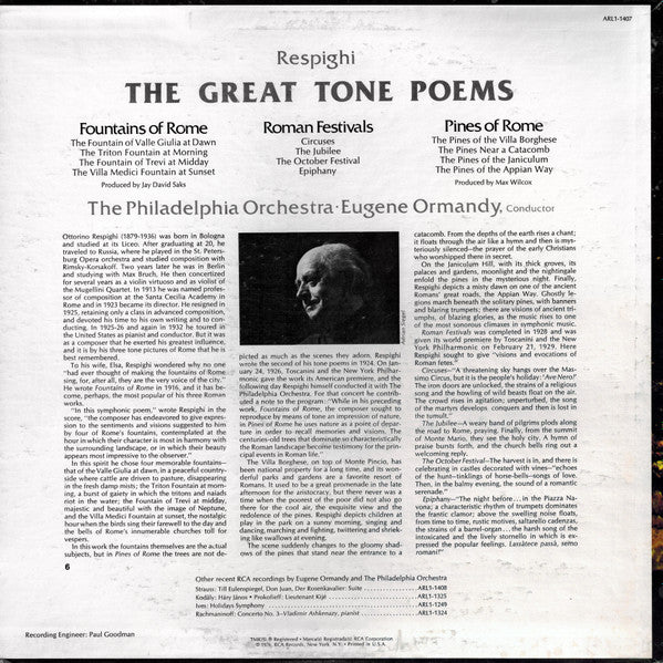 Ottorino Respighi, Eugene Ormandy, The Philadelphia Orchestra - The Great Tone Poems: Pines Of Rome, Fountains Of Rome, Roman Festivals