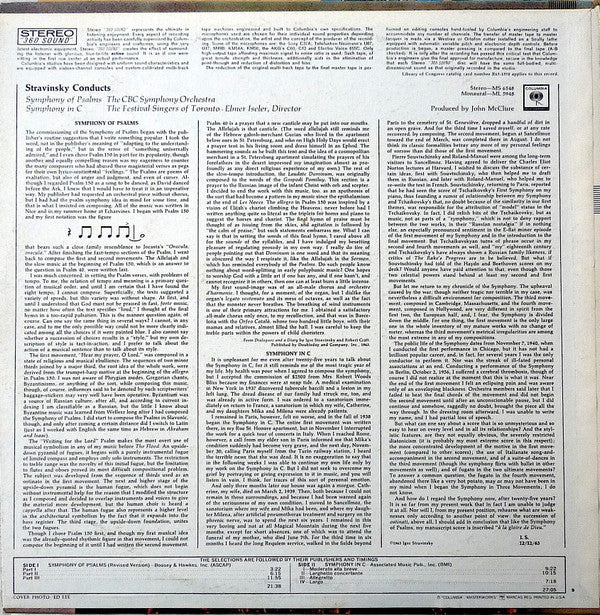 Igor Stravinsky, CBC Symphony Orchestra, Festival Singers Of Toronto, Elmer Iseler - Symphony Of Psalms / Symphony In C