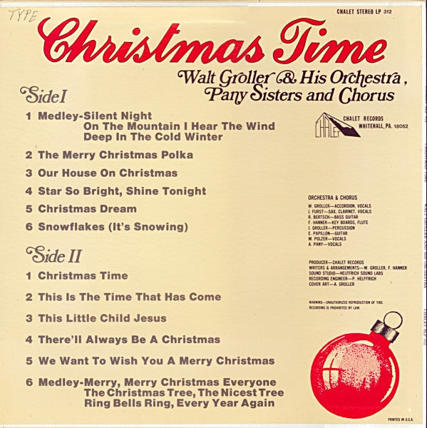 Walt Groller And His Orchestra, Pany Sisters And Chorus - Christmas Time