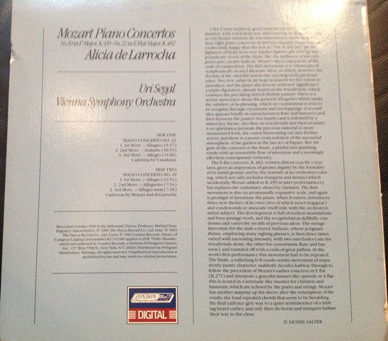 Wolfgang Amadeus Mozart, Alicia De Larrocha, Uri Segal, Wiener Symphoniker - Piano Concertos No.19 In F Major, K.459 • No.22 In E Flat Major, K.482