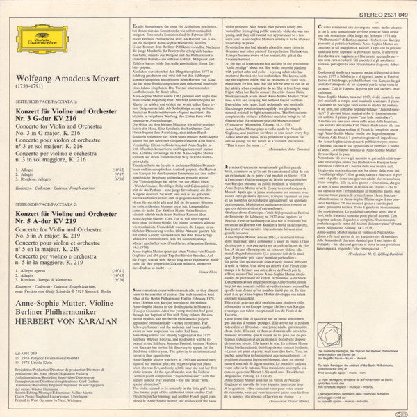 Wolfgang Amadeus Mozart, Anne-Sophie Mutter, Berliner Philharmoniker, Herbert von Karajan - Violinkonzerte = Violin Concertos (No.3 G-dur = G Major KV 216 · No.5 A-dur = A Major KV 219)