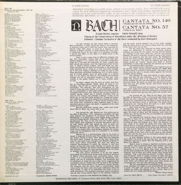 Johann Sebastian Bach, Ursula Buckel, Prof. Jakob Stämpfli, Kammerorchester Des Saarländischen Rundfunks, Saarbrücken, Herbert Schmolzi, Karl Ristenpart - Wachet Auf, Ruft Uns Der Stimme, BWV 140, Cantata No. 140, Selig Ist Der Mann BWV  57,  Cantata 57