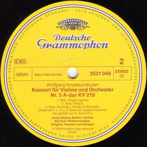 Wolfgang Amadeus Mozart, Anne-Sophie Mutter, Berliner Philharmoniker, Herbert von Karajan - Violinkonzerte = Violin Concertos (No.3 G-dur = G Major KV 216 · No.5 A-dur = A Major KV 219)