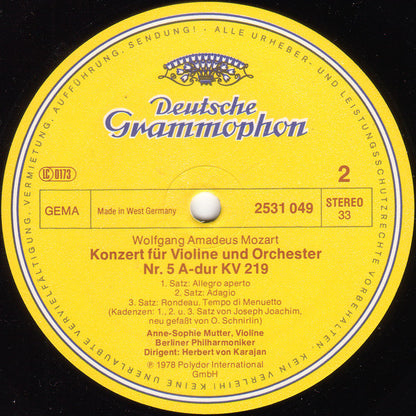 Wolfgang Amadeus Mozart, Anne-Sophie Mutter, Berliner Philharmoniker, Herbert von Karajan - Violinkonzerte = Violin Concertos (No.3 G-dur = G Major KV 216 · No.5 A-dur = A Major KV 219)
