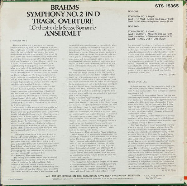 Johannes Brahms, L'Orchestre De La Suisse Romande, Ernest Ansermet - Symphony No. 2 In D ∙Tragic Overture