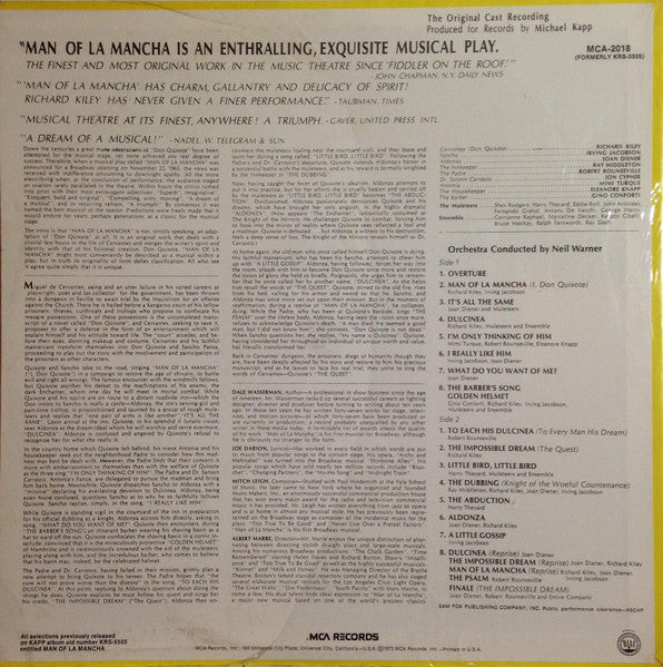 "Man Of La Mancha" Original Broadway Cast, Richard Kiley, Joan Diener, Irving Jacobson, Robert Rounseville, Ray Middleton - Man Of La Mancha