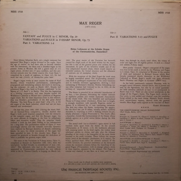 Max Reger, Heinz Lohmann - Variations And Fugue In F-sharp Minor On An Original Theme, Op. 73 / Fantasie And Fugue In C Minor, Op. 29