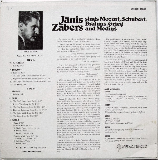 Jānis Zābers - Jānis Zābers Sings Mozart, Schubert, Brahms, Grieg And Mediņš
