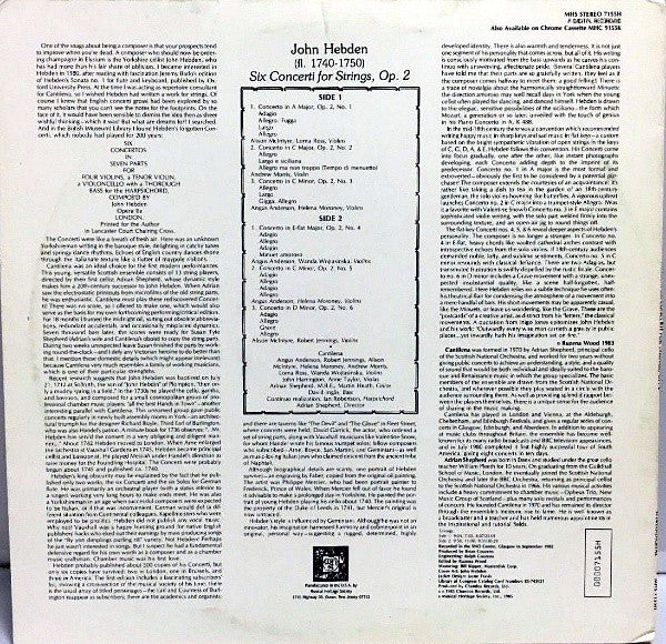 John Hebden, Cantilena - Six Concerti For Strings, Op. 2