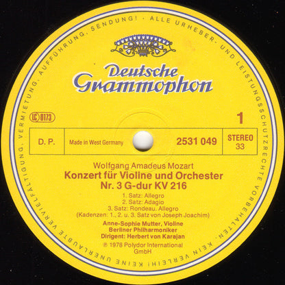 Wolfgang Amadeus Mozart, Anne-Sophie Mutter, Berliner Philharmoniker, Herbert von Karajan - Violinkonzerte = Violin Concertos (No.3 G-dur = G Major KV 216 · No.5 A-dur = A Major KV 219)