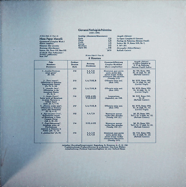 Giovanni Pierluigi da Palestrina, Regensburger Domspatzen, Theobald Schrems - Missa Papae Marcelli / 8 Motetten