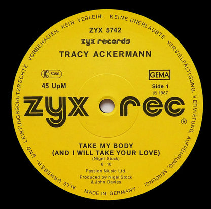 12" Single: Tracy Ackerman - Take My Body (And I Will Take Your Love)