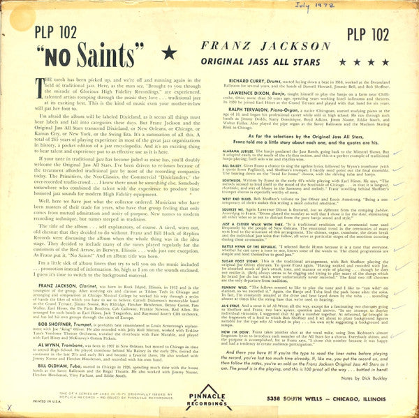 Franz Jackson And His Original Jass All-Stars - No Saints