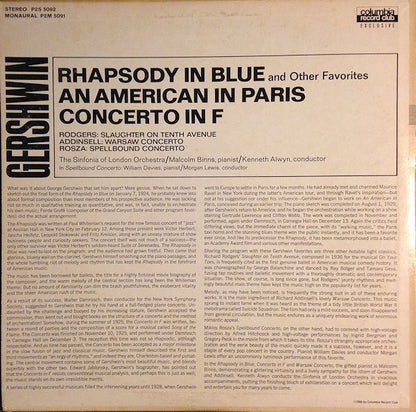George Gershwin, Richard Rodgers, Richard Addinsell, Miklós Rózsa, The Sinfonia Of London, Kenneth Alwyn, Morgan Lewis, Malcolm Binns, William Davies - Rhapsody In Blue / An American In Paris / Concerto In F