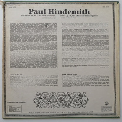 Paul Hindemith, Harold Coletta, Robert Guralnik - Sonata Op. 11, No. 4 For Viola And Piano / Sonata Op. 25, No. 1 For Viola Unaccompanied
