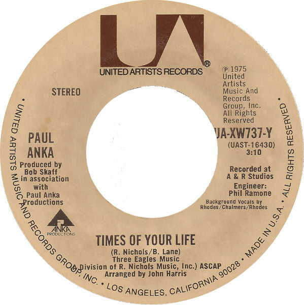 7": Paul Anka - Times Of Your Life / Water Runs Deep