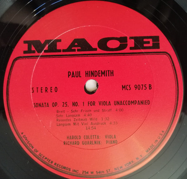 Paul Hindemith, Harold Coletta, Robert Guralnik - Sonata Op. 11, No. 4 For Viola And Piano / Sonata Op. 25, No. 1 For Viola Unaccompanied