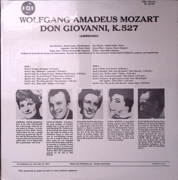 Wolfgang Amadeus Mozart, Teresa Stich-Randall, Suzanne Danco, Anna Moffo, Nicolai Gedda, Marcello Cortis, Antonio Campó, Orchestre De La Société Des Concerts Du Conservatoire, Hans Rosbaud - Don Giovanni (Abridged)