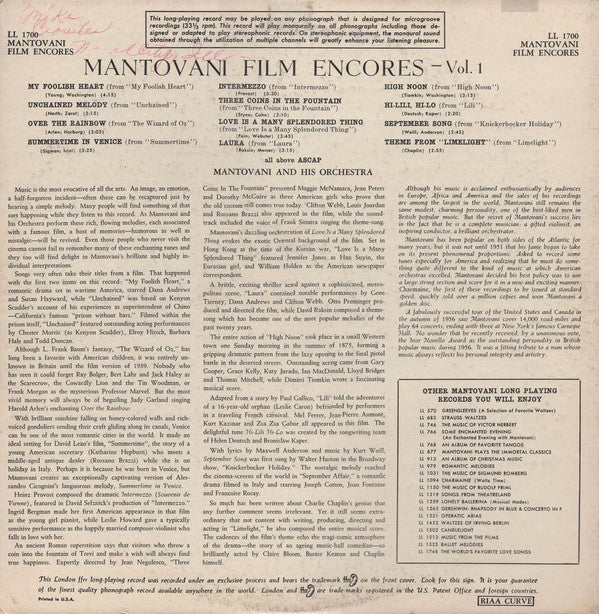 Mantovani And His Orchestra - Mantovani Film Encores Volume 1