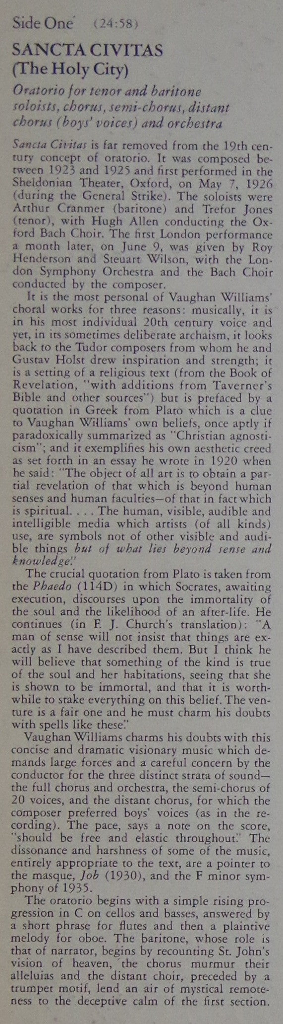 Ralph Vaughan Williams, Heather Harper, Ian Partridge, John Shirley-Quirk, The King's College Choir Of Cambridge, The Bach Choir, The London Symphony Orchestra, David Willcocks - Sancta Civitas / Benedicite