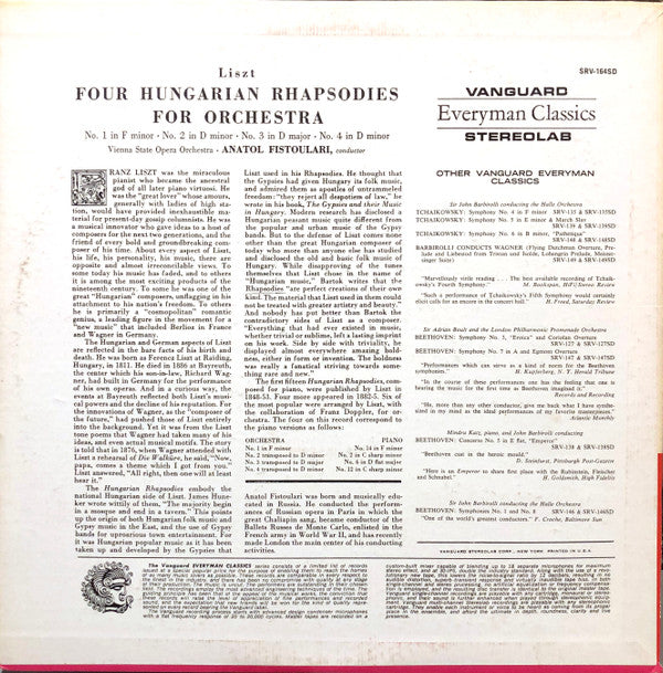 Franz Liszt, Orchester Der Wiener Staatsoper, Anatole Fistoulari - Four Hungarian Rhapsodies