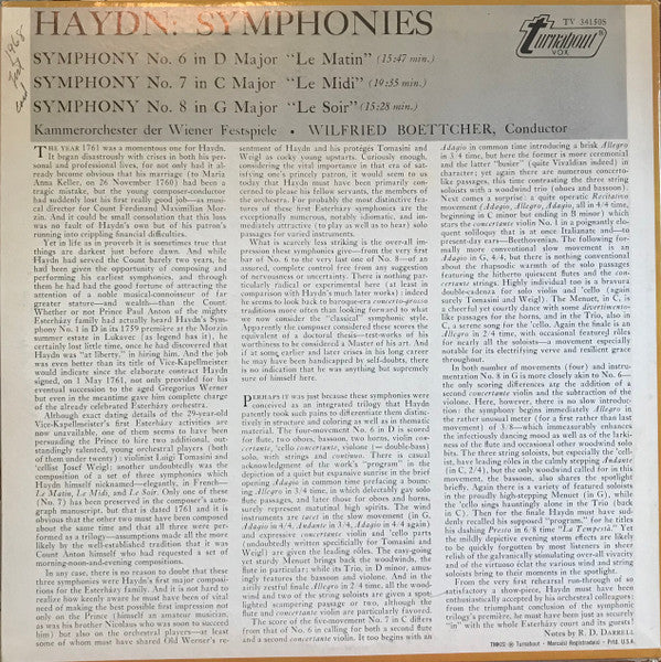 Joseph Haydn, Kammerorchester Der Wiener Festspiele, Wilfried Boettcher - Symphonies No. 6 "Le Matin" No. 7 "Le Midi" No. 8 "Le Soir"