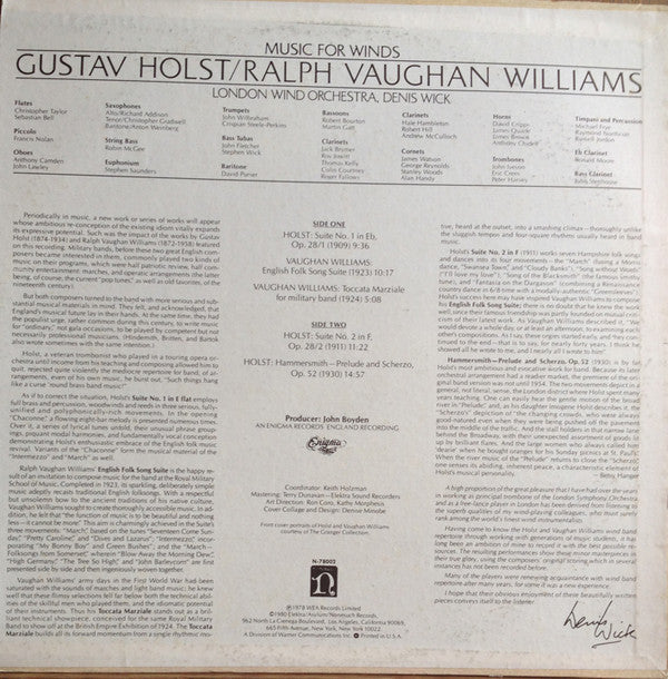 Gustav Holst, Ralph Vaughan Williams, London Wind Orchestra, Denis Wick - Music For Winds