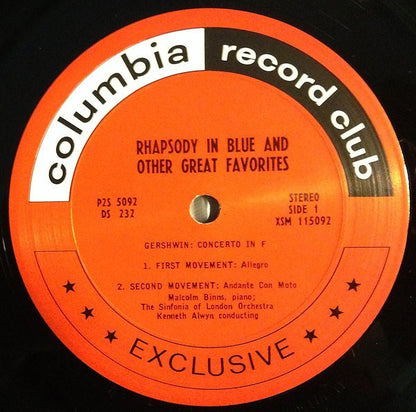 George Gershwin, Richard Rodgers, Richard Addinsell, Miklós Rózsa, The Sinfonia Of London, Kenneth Alwyn, Morgan Lewis, Malcolm Binns, William Davies - Rhapsody In Blue / An American In Paris / Concerto In F
