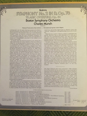 Johannes Brahms, Charles Munch, Boston Symphony Orchestra - Symphony No. 2 In D, Op. 73 / Tragic Overture, Op. 81