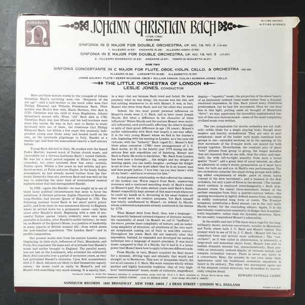 Johann Christian Bach, The Little Orchestra Of London, Leslie Jones - Sinfonias Op. 18, Nos. 3 & 5 / Sinfonia Concertante In C