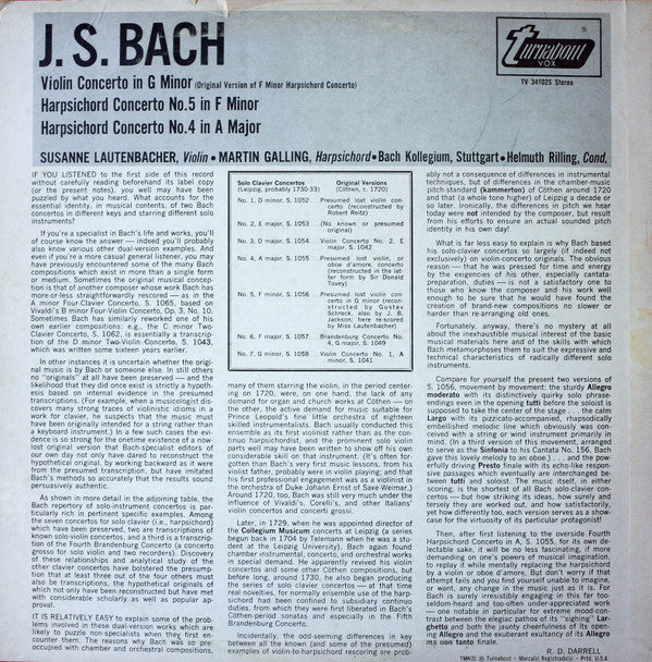 Johann Sebastian Bach, Susanne Lautenbacher, Martin Galling - Violin Concerto In G Minor / Harpsichord Concerto No. 5 In F Minor / Harpsichord Concerto No. 4 In A Major