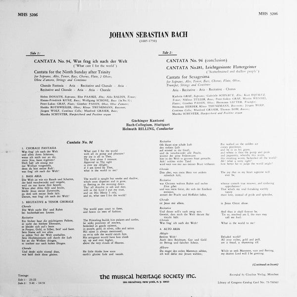 Johann Sebastian Bach, Gächinger Kantorei Stuttgart, Bachcollegium Stuttgart, Helmuth Rilling - Cantata No.94 - Cantata No.181