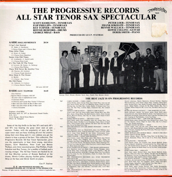 Scott Hamilton, Flip Phillips, Ray Turner (4), Peter Loeb, Frank Socolow, Bennie Wallace - The Progressive Records All Star Tenor Sax Spectacular