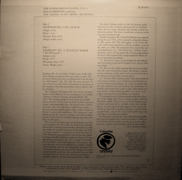 Joseph Haydn, Max Goberman, Orchester Der Wiener Staatsoper - The Symphonies Of Haydn Vol. 8 / Symphony No. 21 In A Major / Symphony No. 22 In E-Flat Major