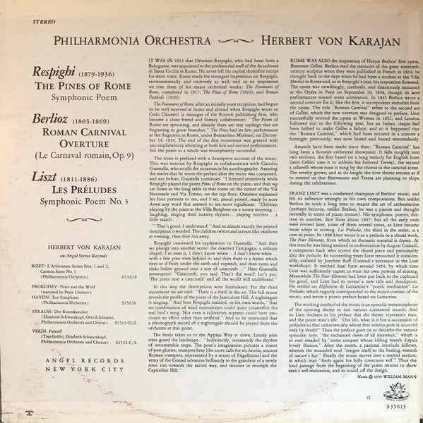 Franz Liszt, Ottorino Respighi, Hector Berlioz, Philharmonia Orchestra, Herbert von Karajan - Les Preludes - The Pines Of Rome - Roman Carnival Overture