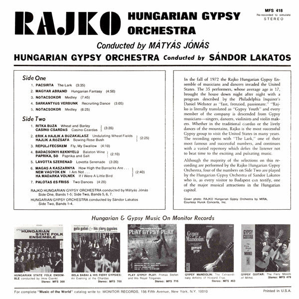 Rajkó, Jónás Mátyás, Sándor Lakatos And His Gipsy Band - Rajkó Hungarian Gypsy Orchestra