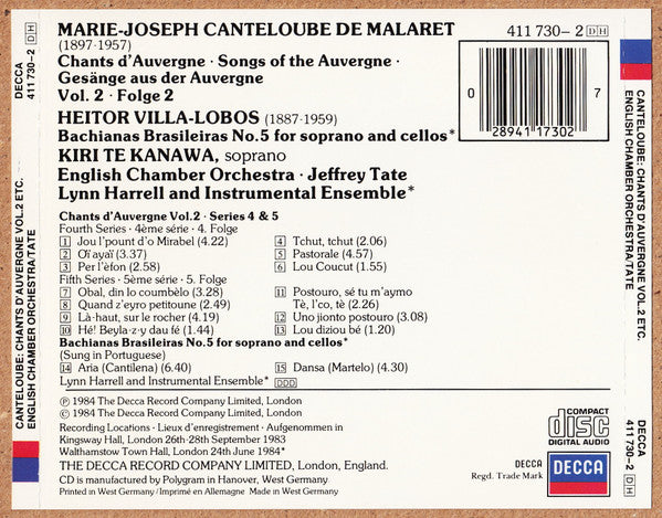 Joseph Canteloube, Heitor Villa-Lobos, Kiri Te Kanawa, English Chamber Orchestra, Jeffrey Tate - Chants D'Auvergne (Vol. 2) / Bachianas Brasileiras No. 5